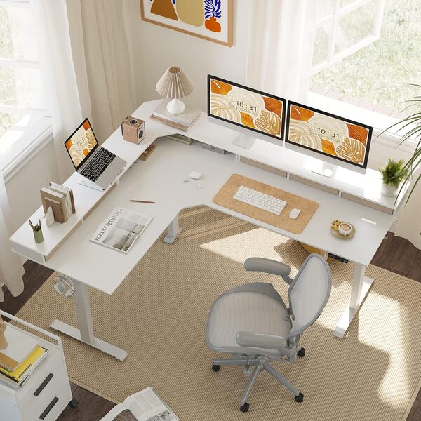 FEZIBO Bureau Assis Debout Angle Électrique - 190*160 cm 3 Moteurs Bureau Debout Réglable en Hauteur avec 5 Tiroirs, Angle Réversible, Système Anti-Collision, Panneau Contrôle à 3 Fonctions Mémoires