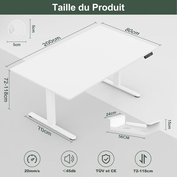 Devoko Bureau Assis Debout Électrique 200×80cm, Bureau Électrique avec Chargeur USB, Organiseur de Câbles et 3 Positions Mémorisables, Bureau Réglable en Hauteur (200×80cm,Blanc)