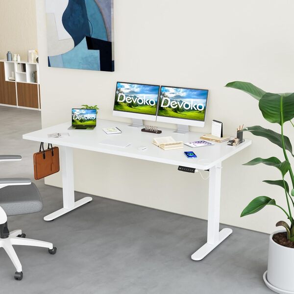 Devoko Bureau Assis Debout 180 x 80 cm avec Chargeur USB, Plateau Complet, sans Coutures, Bureau Réglable en Hauteur Électrique avec 4 Hauteurs de Mémoire, Hauteur Réglable 73-119cm (180x80cm,Blanc)
