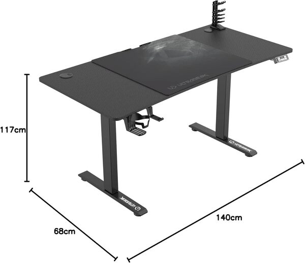 Ultradesk - Level V2 Bureau Réglable en Hauteur - Bureau électrique pour Ordinateur - 140x68 cm, Gaming ou Télétravail - Set avec Tapis de Souris XL et Fauteuil Gaming Throne - Noir + Throne