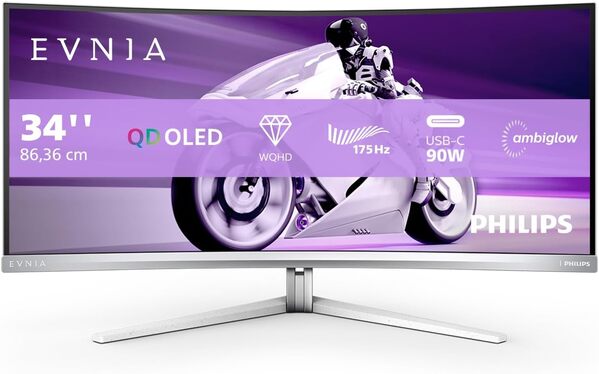 Philips Evnia 34M2C8600 - Moniteur de Jeu incurvé OLED WQHD de 34 Pouces, 175 Hz, Ambiglow, HDR400, FreeSync Premium Pro, G-Sync Comp.(3440x1440, 0,1 ms GtG,HDMI,DisplayPort,USB-C,Hub USB) Gris/Blanc