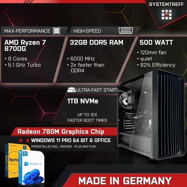SYSTEMTREFF PC de Bureau AMD Ryzen 7 8700G 8x5.1GHz | AMD Radeon 780M | 1To M.2 NVMe | 32Go DDR5 RAM | Windows 11 | Ordinateur de Bureau Silencieux avec WLAN pour Usage Professionnel multimédia