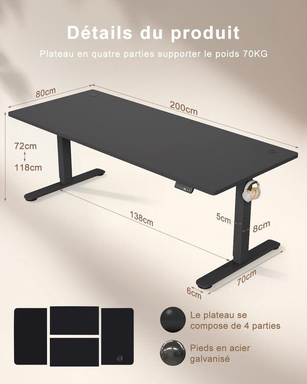 Grand Bureau réglable en Hauteur - 200 x 80 cm - Prise USB - 3 Commandes à mémoire - Réglable en Hauteur - Anti-Collision - Réglable en Hauteur - Noir