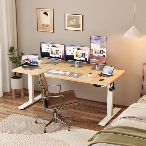 JUMMICO Bureau réglable en Hauteur - Plateau de Table Complet - Réglable en Hauteur - avec Fonction mémoire - 160 x 60 cm - Beige